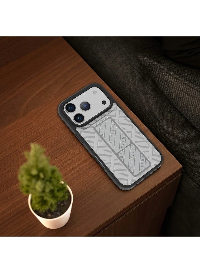 LEVELO iPhone 17 Pro Case Morphix Cuero Gripstand With Magnetic Strap For Secure Hold & Horizontal & Vertical Stand / Raised Edges / One-Hand Grip / Shock-Resistant Bumper / Luxury Printed Branding Back Cover / Slim Fit Design - Silverstone - Image 2