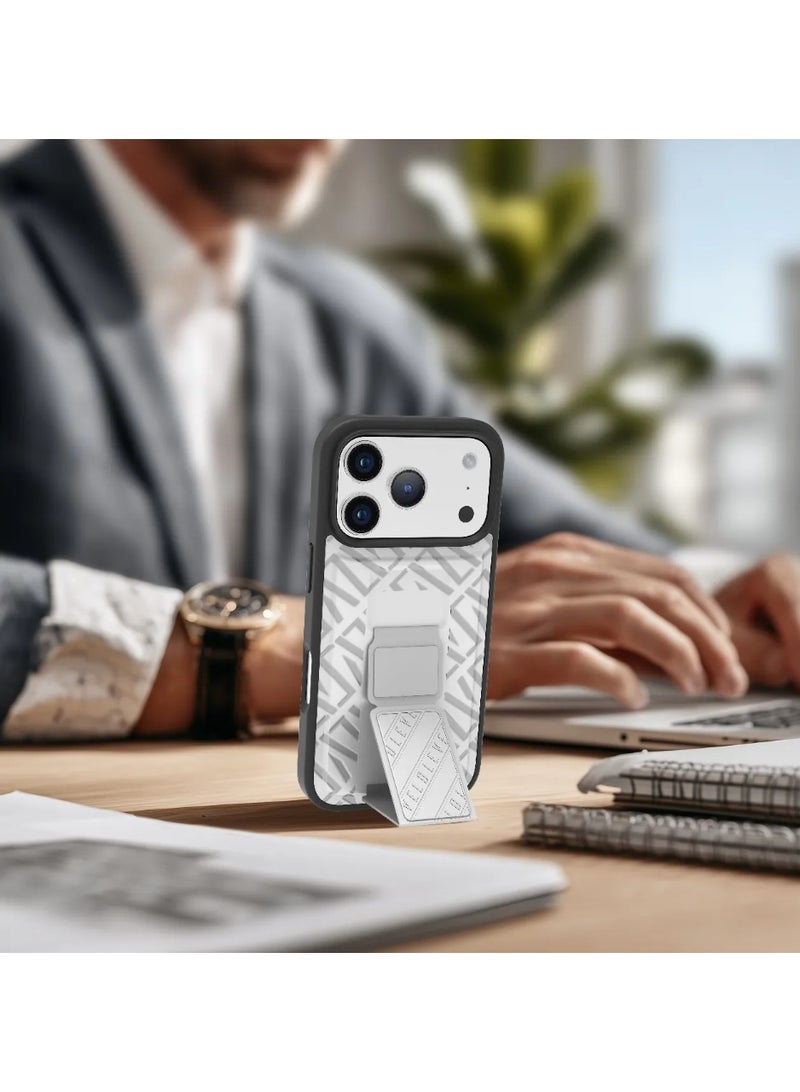 LEVELO iPhone 17 Pro Case Morphix Cuero Gripstand With Magnetic Strap For Secure Hold & Horizontal & Vertical Stand / Raised Edges / One-Hand Grip / Shock-Resistant Bumper / Luxury Printed Branding Back Cover / Slim Fit Design - Silverstone - Image 3