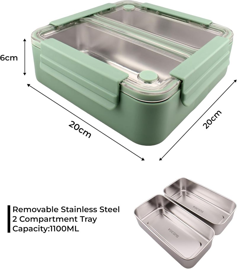 BrainGiggles Stainless Steel Bento Lunch Box with 2 Seperate Compartments - Leak Proof Bento Box for Kids, Adults - Airtight Tiffin Box for Office, School (Green) - Image 5