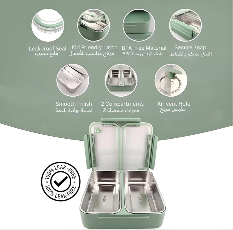 BrainGiggles Stainless Steel Bento Lunch Box with 2 Seperate Compartments - Leak Proof Bento Box for Kids, Adults - Airtight Tiffin Box for Office, School (Green) - Image 2