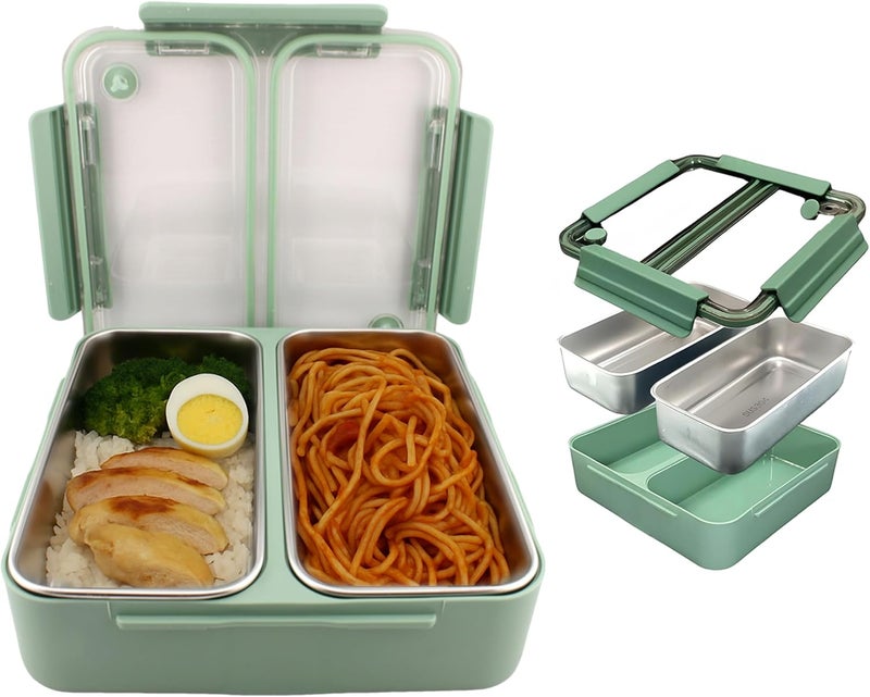 BrainGiggles Stainless Steel Bento Lunch Box with 2 Seperate Compartments - Leak Proof Bento Box for Kids, Adults - Airtight Tiffin Box for Office, School (Green) - Image 3