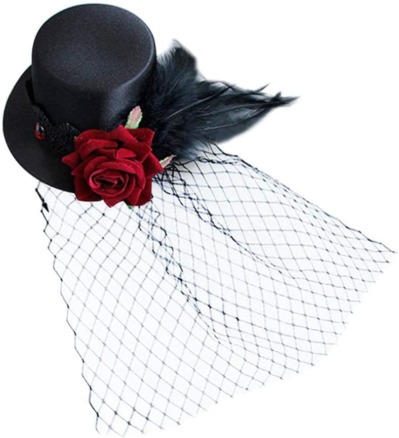 Leorx LEORX Small Top Hat Black Veil Hair Clip Flower Decor Top Hat Hair Accessories for Masquerade and Halloween 