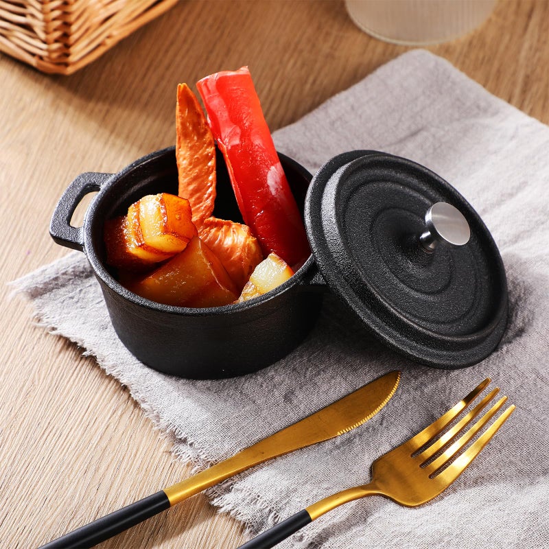 Suttmin 4 Pcs Mini Dutch Oven Small Round Iron Cocotte Black Dutch Oven Pot with Lid and Dual Handles Cast Iron Pot for Stovetop Use Marinate Cook Bake Refrigerate Garlic, Individual Servings(8 oz) - Image 3