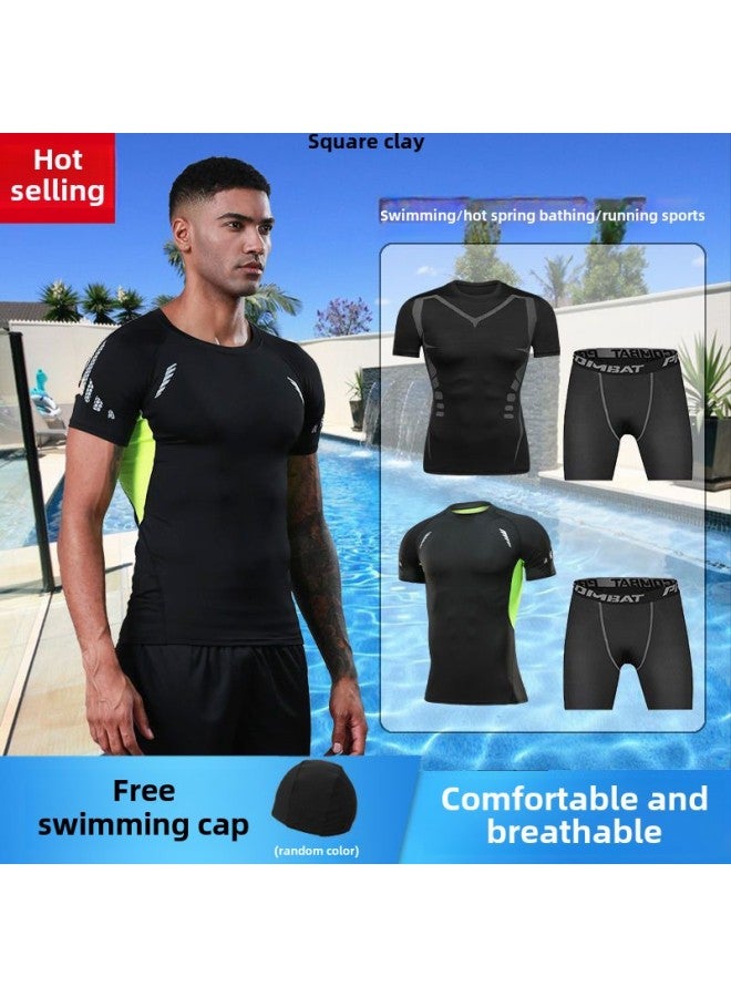 Generic Swimsuit Men's Top Long Sleeve Trunks Swimsuit Suit Women's Swimsuit Swimsuit Quick-Dry Surfing Snorkeling Suit-Color:(send Swimming Cap) 530 Double Layer Black Shorts-Size:M (reference: 50-60kg )  - Image 2