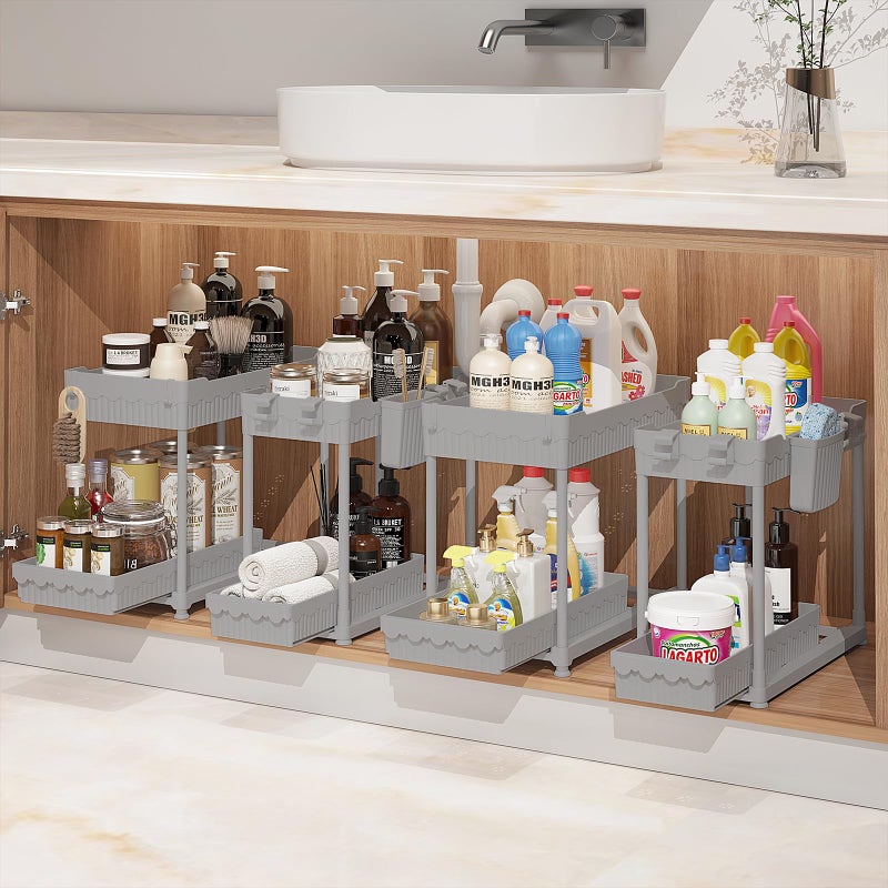 Sevenblue Under Sink Organizer Bathroom Organizers and Storage 2 Tier MultiUse Pull Out Cabinet Organizer with Hang Hooks and Cups Gray 4 Pack - Image 2