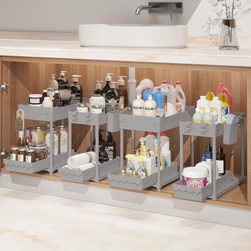 Sevenblue Under Sink Organizer Bathroom Organizers and Storage 2 Tier MultiUse Pull Out Cabinet Organizer with Hang Hooks and Cups Gray 4 Pack - Image 1