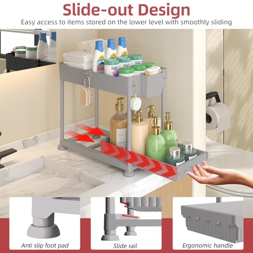 Sevenblue Under Sink Organizer Bathroom Organizers and Storage 2 Tier MultiUse Pull Out Cabinet Organizer with Hang Hooks and Cups Gray 4 Pack - Image 3