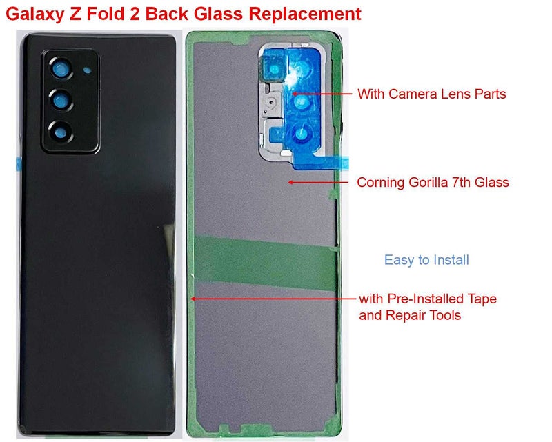 JMBTQ ULK Z Fold 2 Back Glass Replacement WCamera Lens and Pre-Installed Tape for Samsung Galaxy ZFold 2 SM-F916 5G Version Z Fold2 5G F916 Back Glass Housing Cover Part + Tools (Black) - Image 2