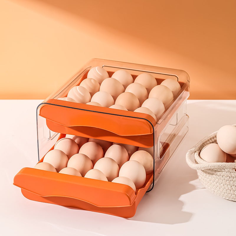 Kitchen double-layer egg storage box 32-grid household drawer-type refrigerator transparent fresh-keeping box can be superimposed egg tray egg rack 32 grid orange double layer egg box - Image 2