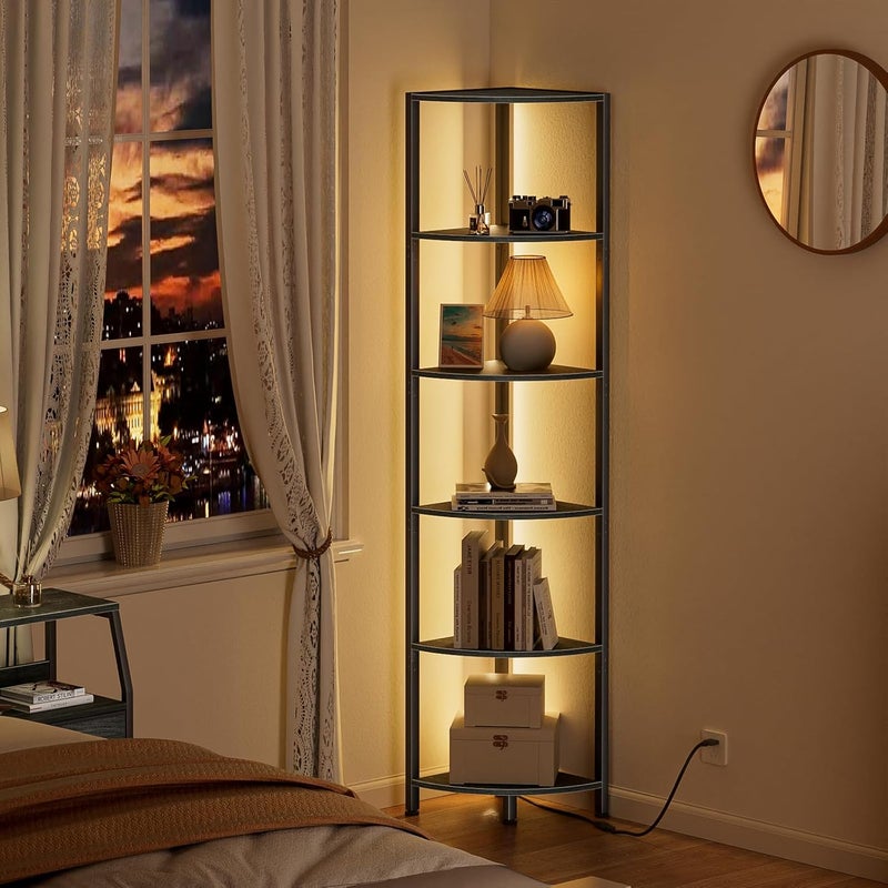 Furnulem رف زاوية مكون من 6 طبقات مع إضاءة LED، رف قائم بارتفاع 67.5 بوصة، رف كتب ضيق أسود مع رف تخزين لزاوية الحائط، غرفة المعيشة، غرفة النوم، إطار معدني، رف عرض خشبي - Image 3