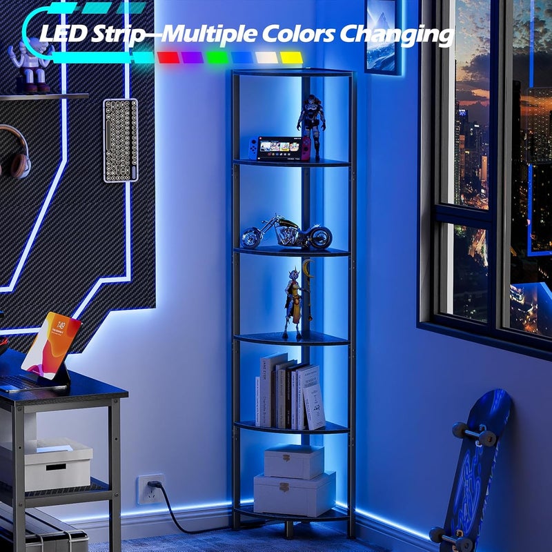 Furnulem رف زاوية مكون من 6 طبقات مع إضاءة LED، رف قائم بارتفاع 67.5 بوصة، رف كتب ضيق أسود مع رف تخزين لزاوية الحائط، غرفة المعيشة، غرفة النوم، إطار معدني، رف عرض خشبي - Image 4