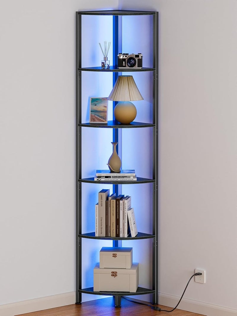 Furnulem رف زاوية مكون من 6 طبقات مع إضاءة LED، رف قائم بارتفاع 67.5 بوصة، رف كتب ضيق أسود مع رف تخزين لزاوية الحائط، غرفة المعيشة، غرفة النوم، إطار معدني، رف عرض خشبي - Image 1