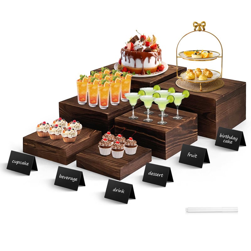 SPVIKISGO 6 Pcs Buffet Risers and stands with Food Signs, Food Risers for Buffet Table, Rustic Wood Cake Stand, Wood Risers Display Stands for Decor, Party, Birthday, Wedding, Baby Shower - Image 1