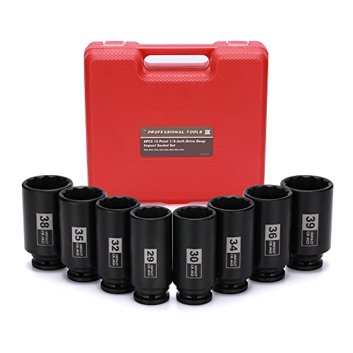 Mayouko 8PCS 1/2" Deep Axle Nut Impact Socket Set, CR-MO, 12 Point Design, Metric, 29,30,32,34,35,36,38,39mm, 1/2 Inch Extra Deep Impact Socket - Image 1