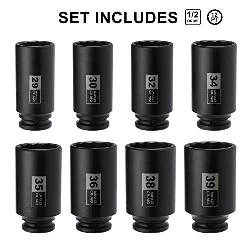 Mayouko 8PCS 1/2" Deep Axle Nut Impact Socket Set, CR-MO, 12 Point Design, Metric, 29,30,32,34,35,36,38,39mm, 1/2 Inch Extra Deep Impact Socket - Image 2