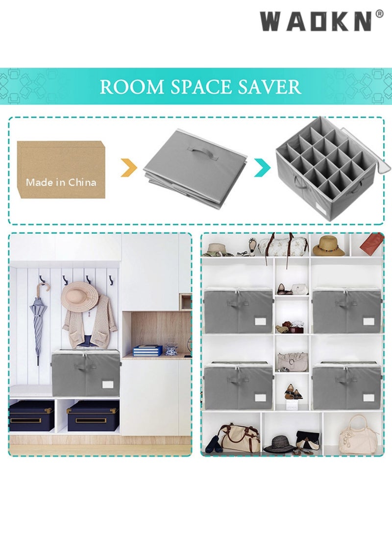 Shoe Organizer for Closet, Fits 16 Pairs, Large Shoe Box Storage Containers, Clear Foldable Shoe Storage Bins w/Bottom Support, Space Saving Shoes Holder w/Reinforced Handles, Gray