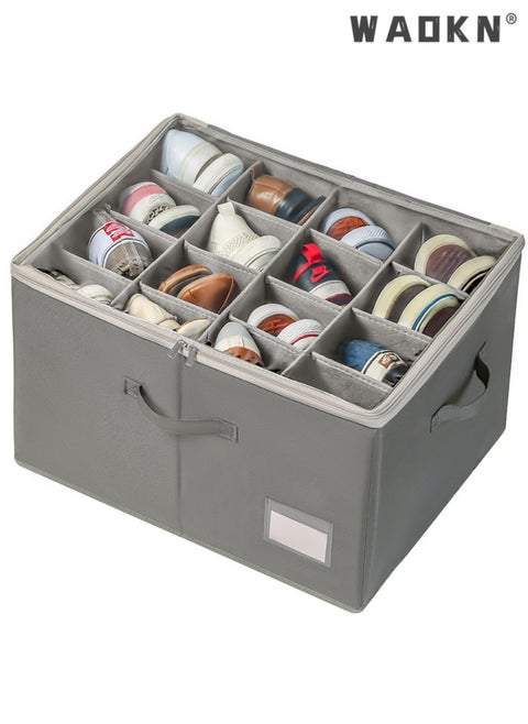 Shoe Organizer for Closet, Fits 16 Pairs, Large Shoe Box Storage Containers, Clear Foldable Shoe Storage Bins w/Bottom Support, Space Saving Shoes Holder w/Reinforced Handles, Gray