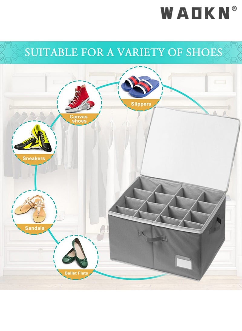 Shoe Organizer for Closet, Fits 16 Pairs, Large Shoe Box Storage Containers, Clear Foldable Shoe Storage Bins w/Bottom Support, Space Saving Shoes Holder w/Reinforced Handles, Gray