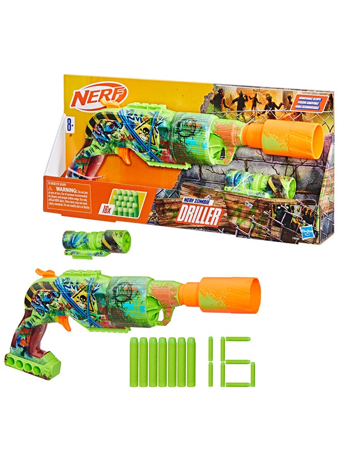 NERF Zombie Driller Dart Blaster, 16 Elite Darts, Rotating 5 Dart Cylinder, Removable Scope, Outdoor Games, Ages 8+ - Image 1