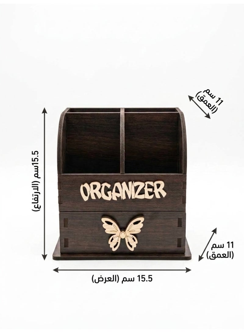 منظم مكتبي خشبي متعدد الاستخدامات مع أدراج وأقسام تخزين - بني داكن (الارتفاع: 15.5 سم، العرض: 15.5 سم، العمق: 11 سم) - Image 3