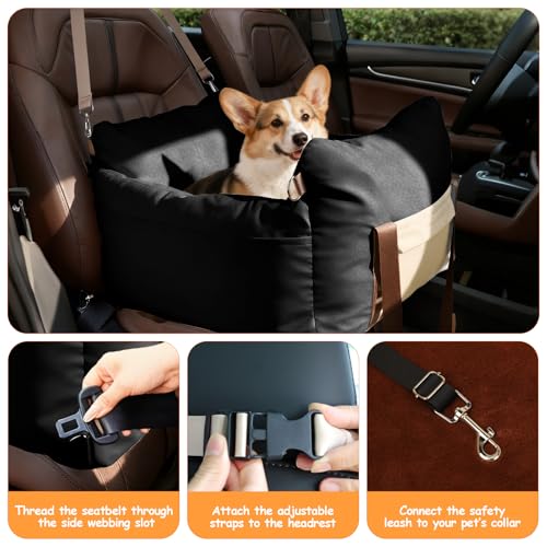 Felixora Dog Car Seats for Small Dogs, 2-in-1 Pet Booster Seat with Side-Zip Expandable Bed, Handles and a Storage Pocket, Clip-On Safety Leash and PP Cotton Filling, Vehicle Bed for Puppy up to 25 lbs (Black) - Image 3