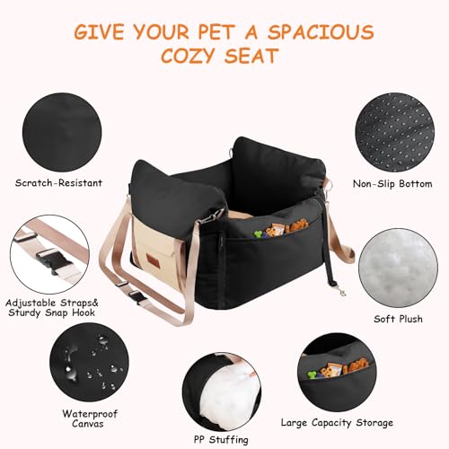 Felixora Dog Car Seats for Small Dogs, 2-in-1 Pet Booster Seat with Side-Zip Expandable Bed, Handles and a Storage Pocket, Clip-On Safety Leash and PP Cotton Filling, Vehicle Bed for Puppy up to 25 lbs (Black) - Image 5