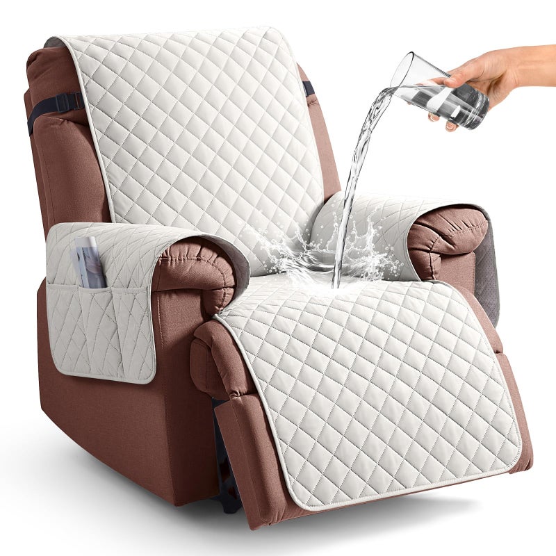 KinCam 100% Waterproof Recliner Chair Cover, Reclining Couch Covers for Pets, Dogs, Recliner Couch Slipcover Furniture Protector with Elastic Straps for Kids(23.6", Beige) - Image 1
