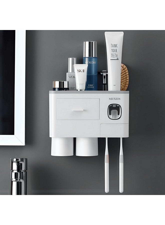 Srxes Toothbrush Holder Wall Mounted , Automatic Toothpaste Dispenser Kit with Magnetic Cups, 6 Brush Holder (2 Cup, White & Grey)-Acrylonitrile Butadiene Styrene - Image 1