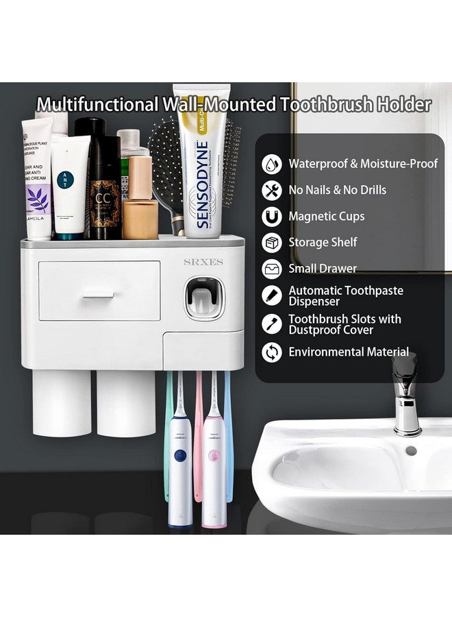 Srxes Toothbrush Holder Wall Mounted , Automatic Toothpaste Dispenser Kit with Magnetic Cups, 6 Brush Holder (2 Cup, White & Grey)-Acrylonitrile Butadiene Styrene - Image 2