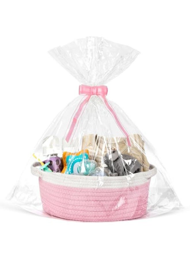 HOMESTAR 1Piece Hand-Woven Cotton Rope Storage Baskets With Handles, Decorative Toy Organizer Bins, Woven Gift Baskets For Baby Shower & Housewarming, Includes Gift Bag & Ribbon, Pink - Image 1