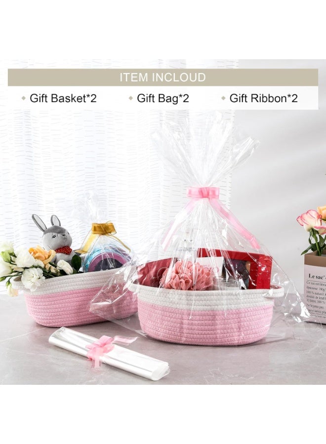 HOMESTAR 1Piece Hand-Woven Cotton Rope Storage Baskets With Handles, Decorative Toy Organizer Bins, Woven Gift Baskets For Baby Shower & Housewarming, Includes Gift Bag & Ribbon, Pink - Image 2
