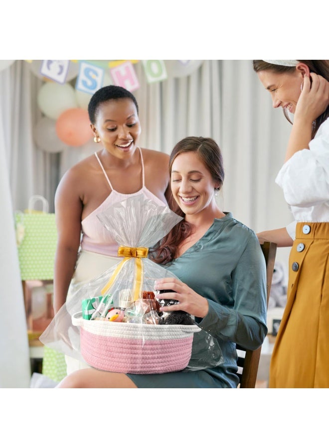 HOMESTAR 1Piece Hand-Woven Cotton Rope Storage Baskets With Handles, Decorative Toy Organizer Bins, Woven Gift Baskets For Baby Shower & Housewarming, Includes Gift Bag & Ribbon, Pink - Image 3