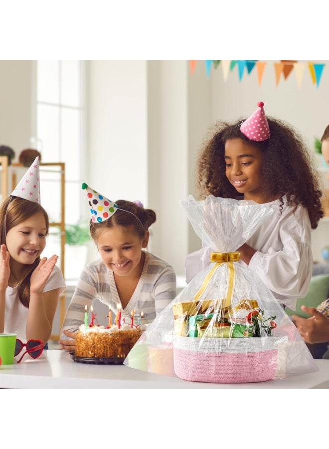 HOMESTAR 1Piece Hand-Woven Cotton Rope Storage Baskets With Handles, Decorative Toy Organizer Bins, Woven Gift Baskets For Baby Shower & Housewarming, Includes Gift Bag & Ribbon, Pink - Image 5