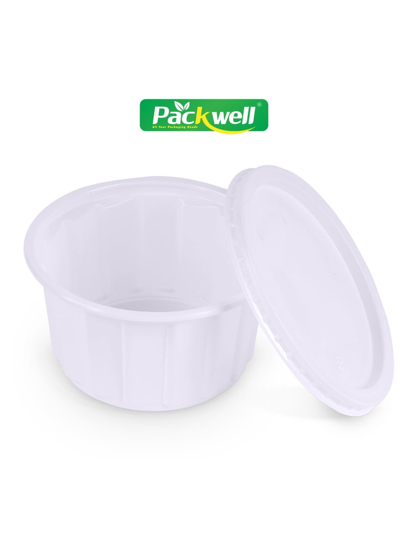 packwell - White Ribbed Plastic Container with Lid- PWRP1925 400 ml, Round Shaped, Pack of 25 BPA-Free, Food grade and Hygienic Perfect for Packing, Storing, Ramadan Kit Distribution, etc. - Image 1