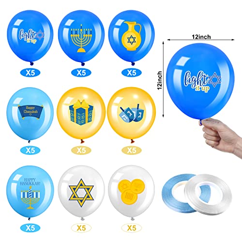 Chalyna 45 Pieces Hanukkah Party Balloons 12 Inch Menorah Dreidel Balloons Chanukah Toy Happy Hanukkah Latex Balloons for Hanukkah Party Jewish Holiday Party Indoor Outdoor Home Yard Decoration Supplies - Image 5