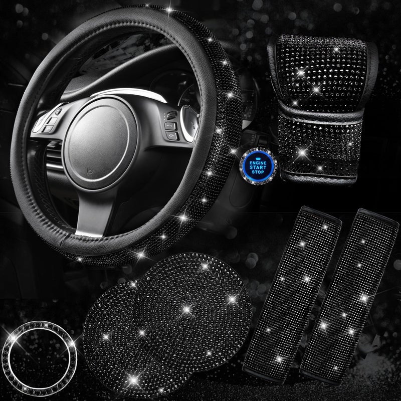 CAR PASS إكسسوارات سيارة CAR PASS 7 PCS Bling للنسائية، غطاء عجلة قيادة من حجر الراين اللامع، وسادة حزام الأمان بالبلاستيك، غطاء مقبض ناقل حركة لامع، أفعوانية حاملة أكواب السيارة، أطقم داخلية جميلة باللون الأسود - Image 1