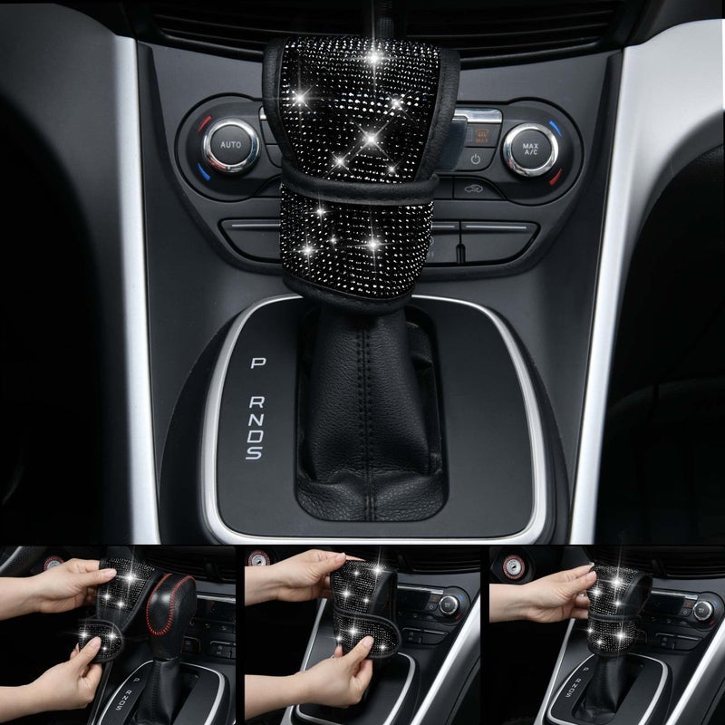 CAR PASS إكسسوارات سيارة CAR PASS 7 PCS Bling للنسائية، غطاء عجلة قيادة من حجر الراين اللامع، وسادة حزام الأمان بالبلاستيك، غطاء مقبض ناقل حركة لامع، أفعوانية حاملة أكواب السيارة، أطقم داخلية جميلة باللون الأسود - Image 2