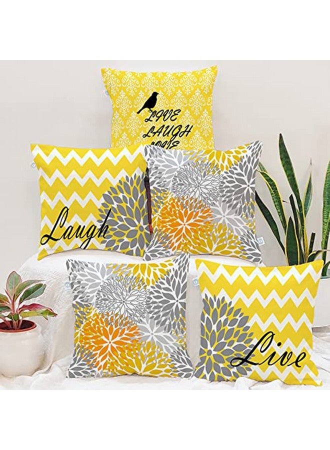 STITCHNEST Yellow Floral Printed Poly Cotton Cushion Covers, Set of 5 (16 x 16 Inches) - Image 1