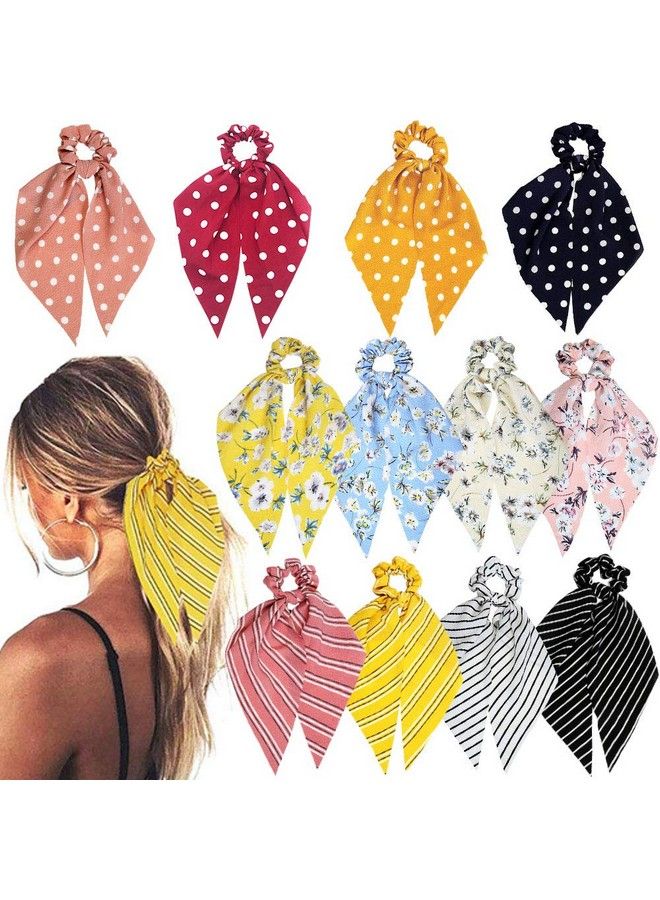 Sunaction 12 Pcs Hair Scarf Scrunchie Chiffon Dot Stripe Floral Hair Scarf Ponytail Hair Ties Ponytail Holdershair Ties Scarf For Women  - Image 2