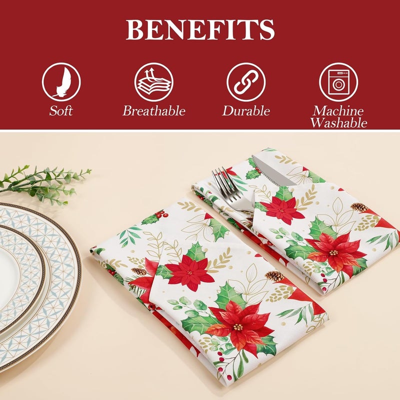 Arquiel Christmas Red Flower Napkins 1818 Inch Dinner Cloth Napkins Set of 4 Washable Cotton Soft Absorbent Square Napkins for Dining Kitchen Party Wedding Decoration - Image 3