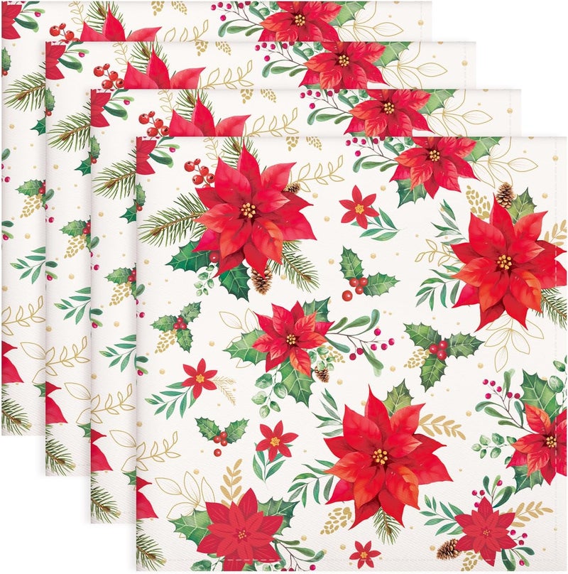 Arquiel Christmas Red Flower Napkins 1818 Inch Dinner Cloth Napkins Set of 4 Washable Cotton Soft Absorbent Square Napkins for Dining Kitchen Party Wedding Decoration - Image 1