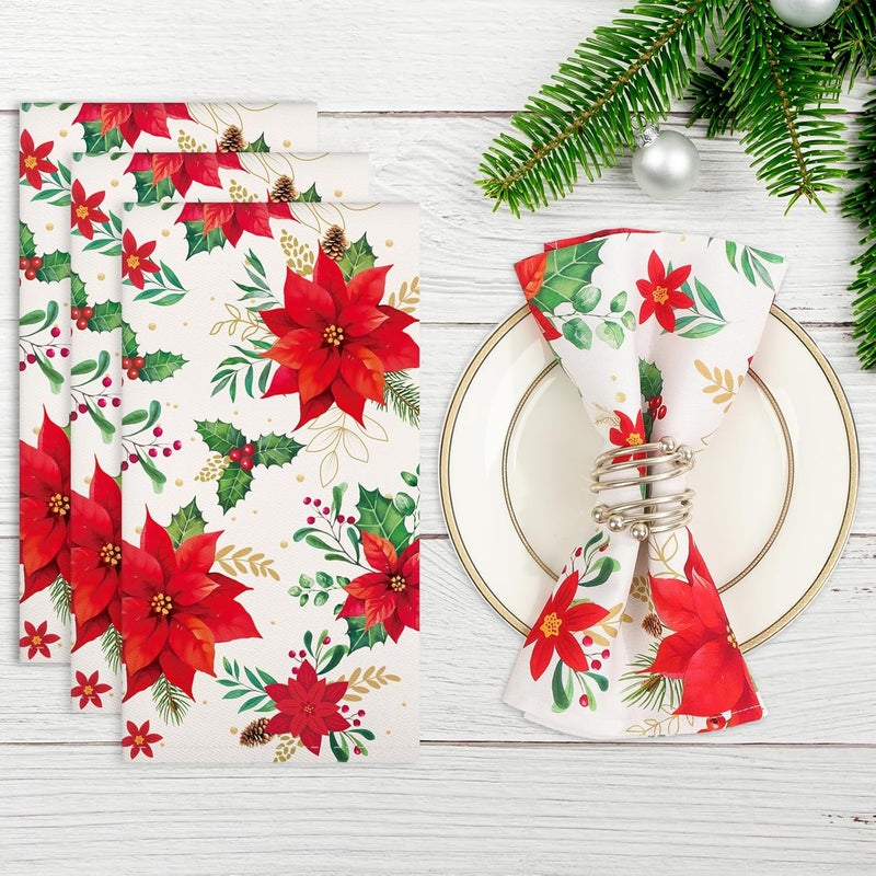 Arquiel Christmas Red Flower Napkins 1818 Inch Dinner Cloth Napkins Set of 4 Washable Cotton Soft Absorbent Square Napkins for Dining Kitchen Party Wedding Decoration - Image 5