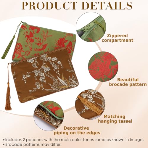 kilofly 2 pc Chinese Silk Brocade Padded Tassel Zipper Jewelry Bag Gift Pouch set2 D - Image 3