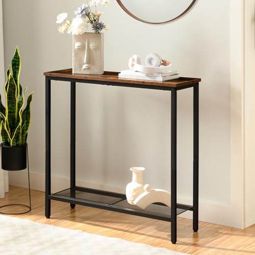 HOOBRO Slim Console Table with Storage Narrow Console Table for Hallway Industrial Hallway Table Slim Sofa Table for Living Room Bedroom Rustic Brown and Black EBF74XG01