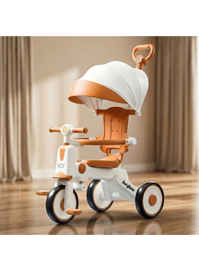 BAYBEE Pico 3 in 1 Convertible Baby Tricycle for Kids with Parental Push Handle and Canopy | Baby Cycle with Safety Guard, Light & Music | Kids Tricycle for Toddlers | Kids Cycle for Baby 1 to 5 Years Boy Girl White Brown - Image 1