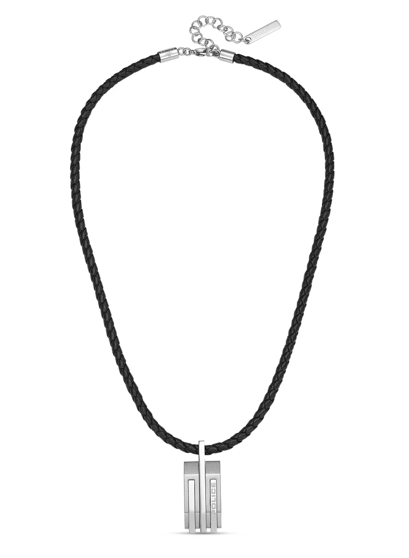 POLICE Gripcord Black Leather Stainless Steel Pendant Gents Necklace
