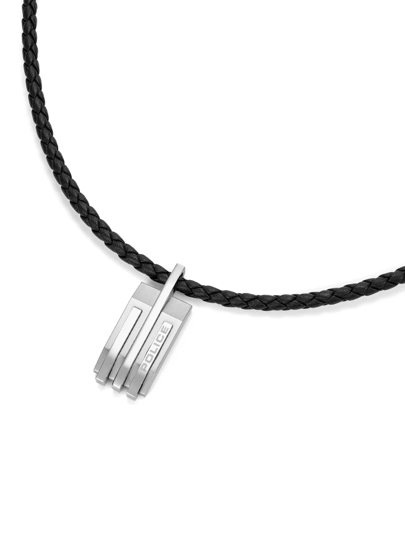 POLICE Gripcord Black Leather Stainless Steel Pendant Gents Necklace