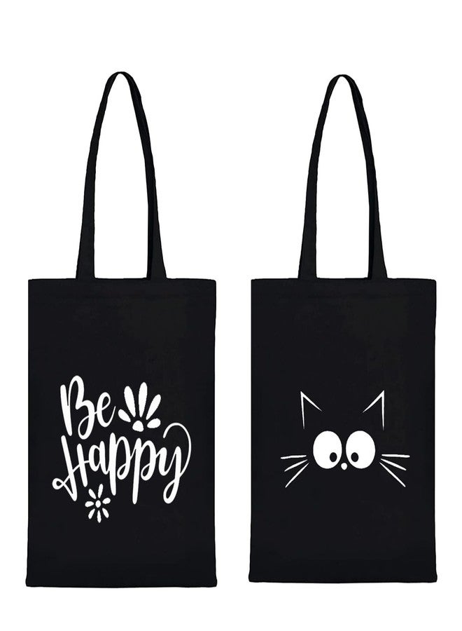 Clapcart Canvas Black Tote Bag set of 2 for Women | Printed Multipurpose Cotton Zipper Bags | Cute Hand Bag for Girls (Be Happy & Cat Face) - Image 1