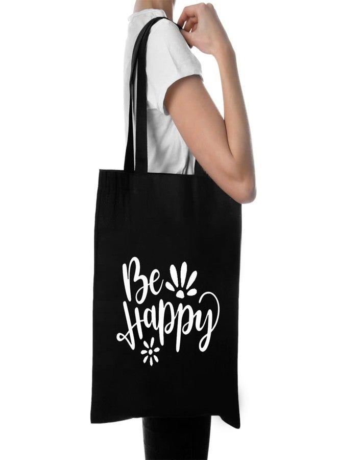 Clapcart Canvas Black Tote Bag set of 2 for Women | Printed Multipurpose Cotton Zipper Bags | Cute Hand Bag for Girls (Be Happy & Cat Face) - Image 2