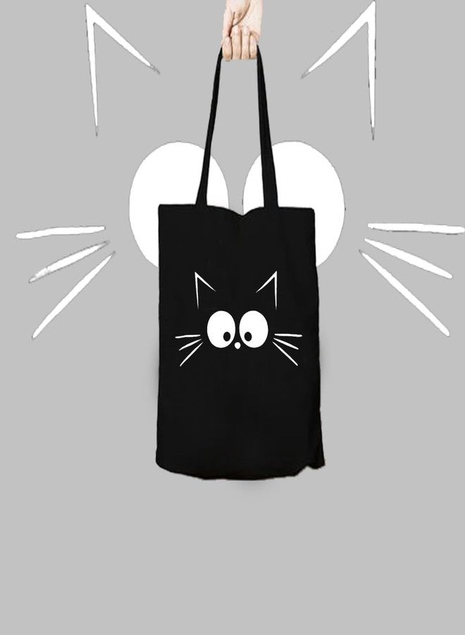 Clapcart Canvas Black Tote Bag set of 2 for Women | Printed Multipurpose Cotton Zipper Bags | Cute Hand Bag for Girls (Be Happy & Cat Face) - Image 3